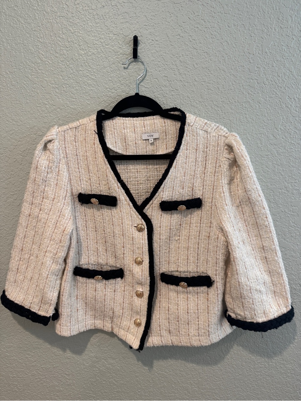 VOY Cream Tweed Jacket Black Trim Gold Buttons Size M